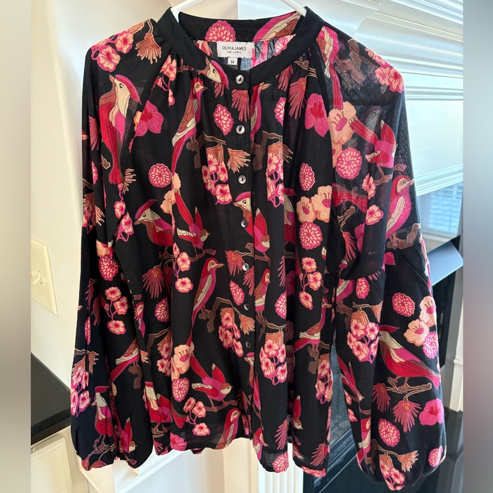 Chic Black and Pink Floral Birds Blouse